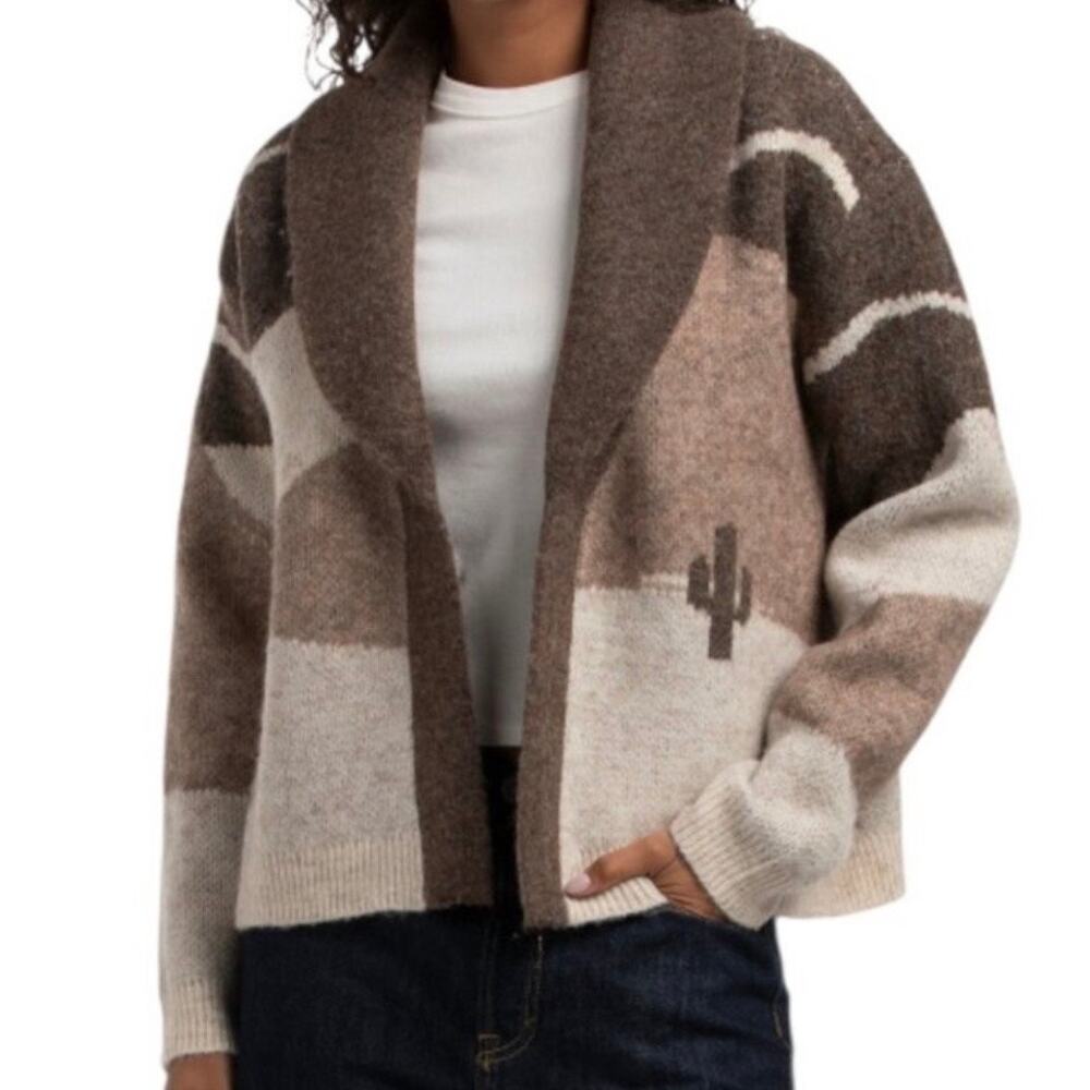 Lucky Brand Long Sleeve Horse Shawl Cardigan Neutral Brown NWT - Picture 2 of 10